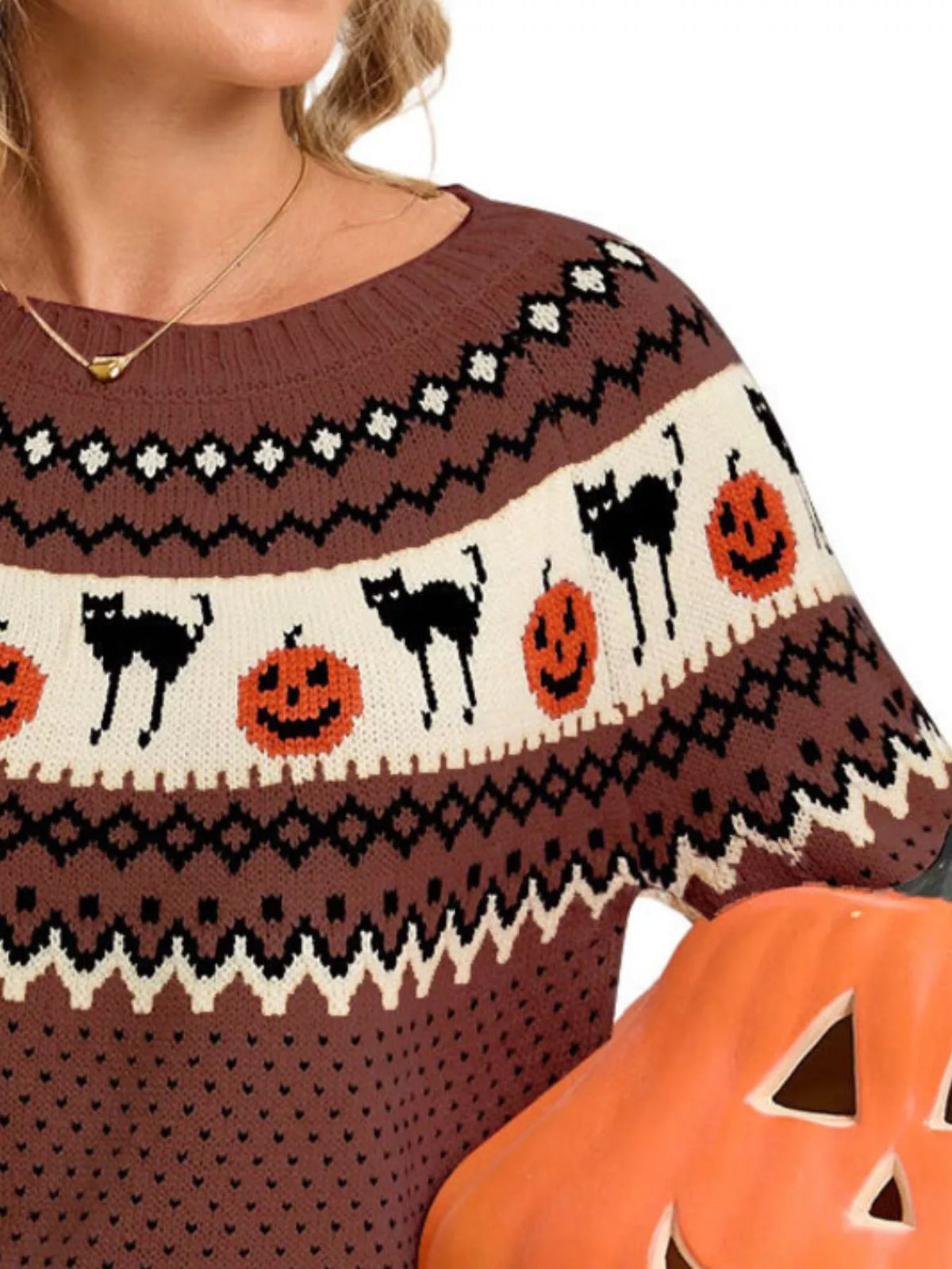 Halloween Pumpkin and Cat Pattern Knit Round Neck Sweater – Mayce Halloween Edit