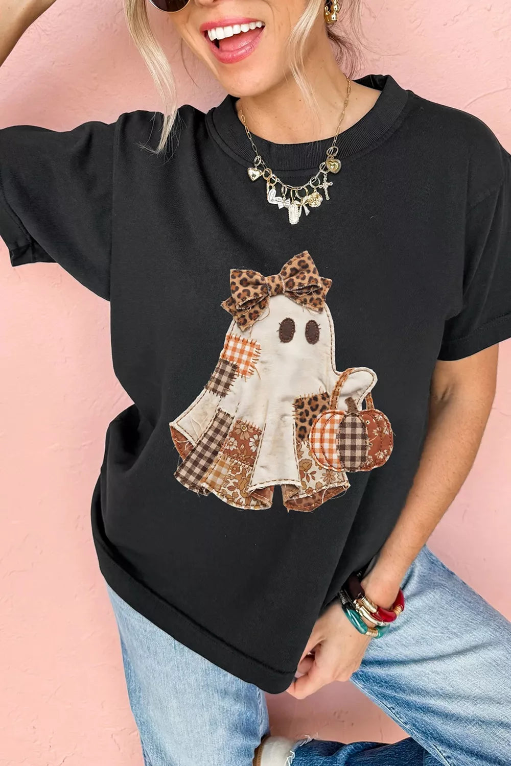 Full Size Halloween Ghost Applique Short Sleeve T-Shirt Plus Size – Mayce Halloween Edit