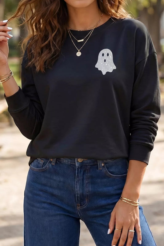 Round Neck Ghost Print Regular Fit Graphic Long Sleeve T-Shirt – Mayce Halloween Edit