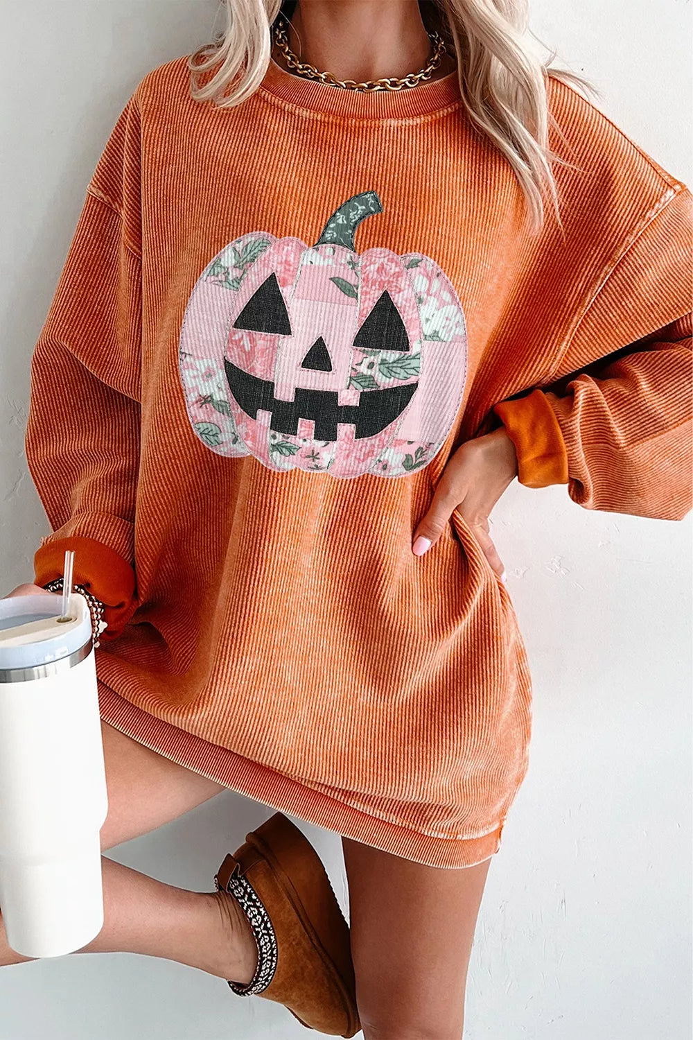 Patchwork Pumpkin Graphic Corded Ribbed Round Neck Tunic Sweatshirt – Mayce Halloween Edit