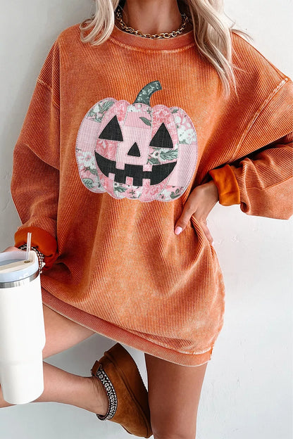 Patchwork Pumpkin Graphic Corded Ribbed Round Neck Tunic Sweatshirt – Mayce Halloween Edit