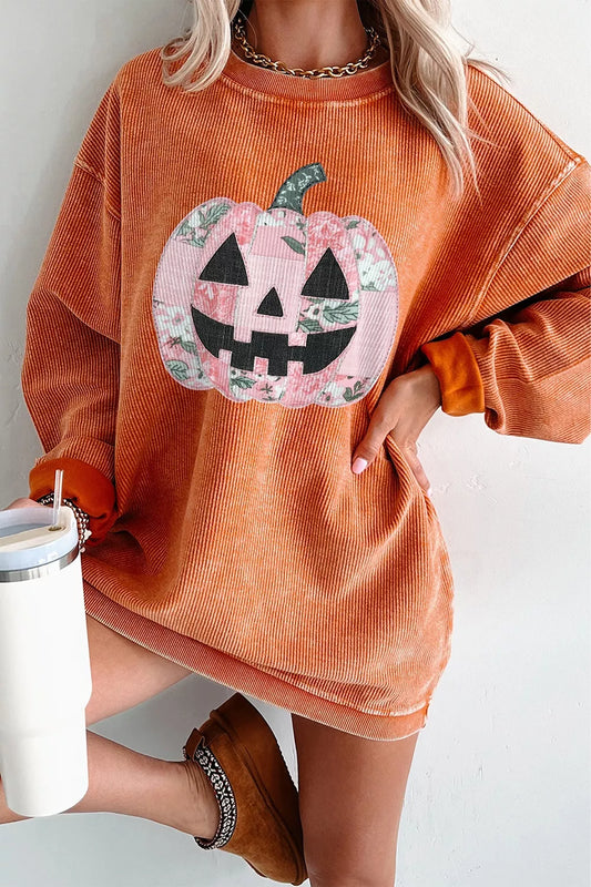 Patchwork Pumpkin Graphic Corded Ribbed Round Neck Tunic Sweatshirt – Mayce Halloween Edit