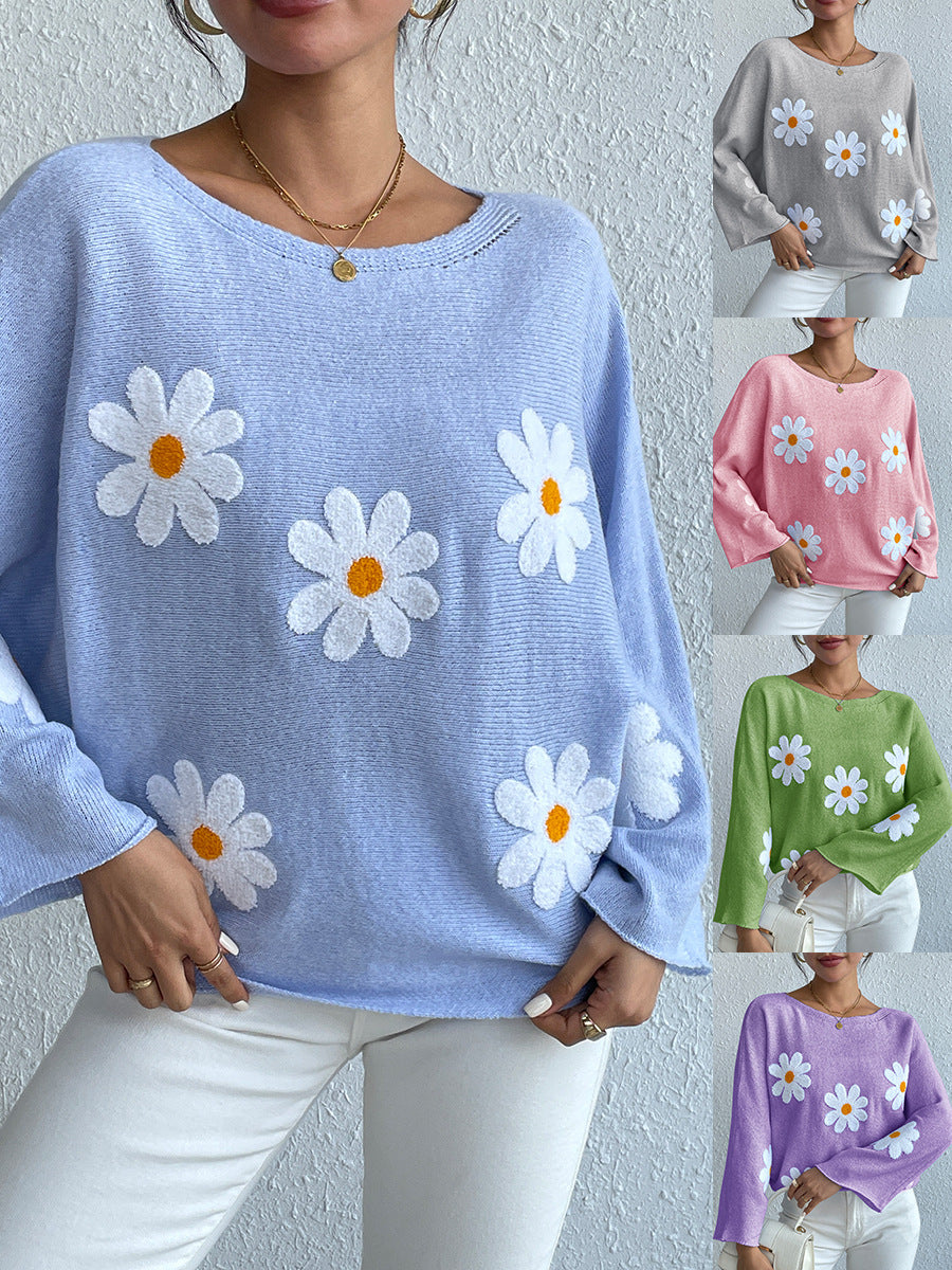 Daisy Dream Oversized Knit Sweater – 3D Floral Embroidery Pullover