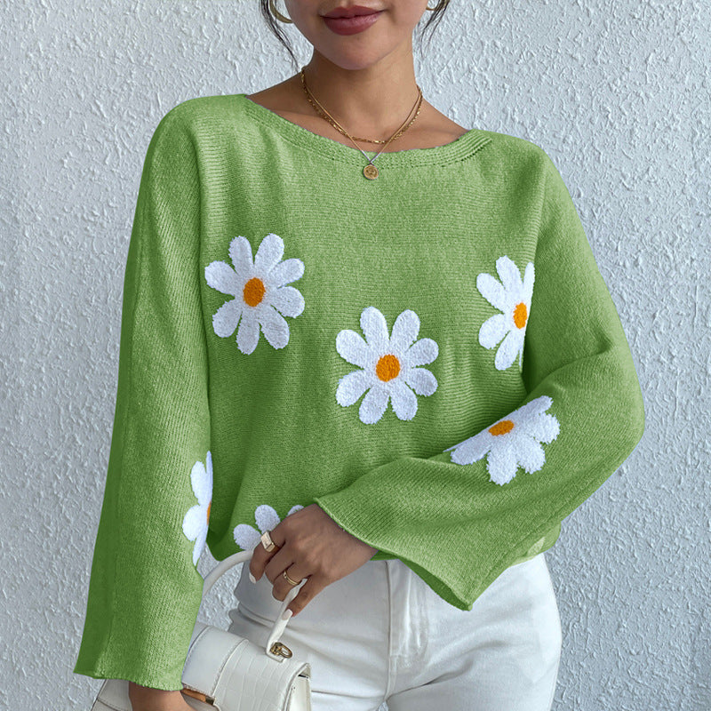 Daisy Dream Oversized Knit Sweater – 3D Floral Embroidery Pullover