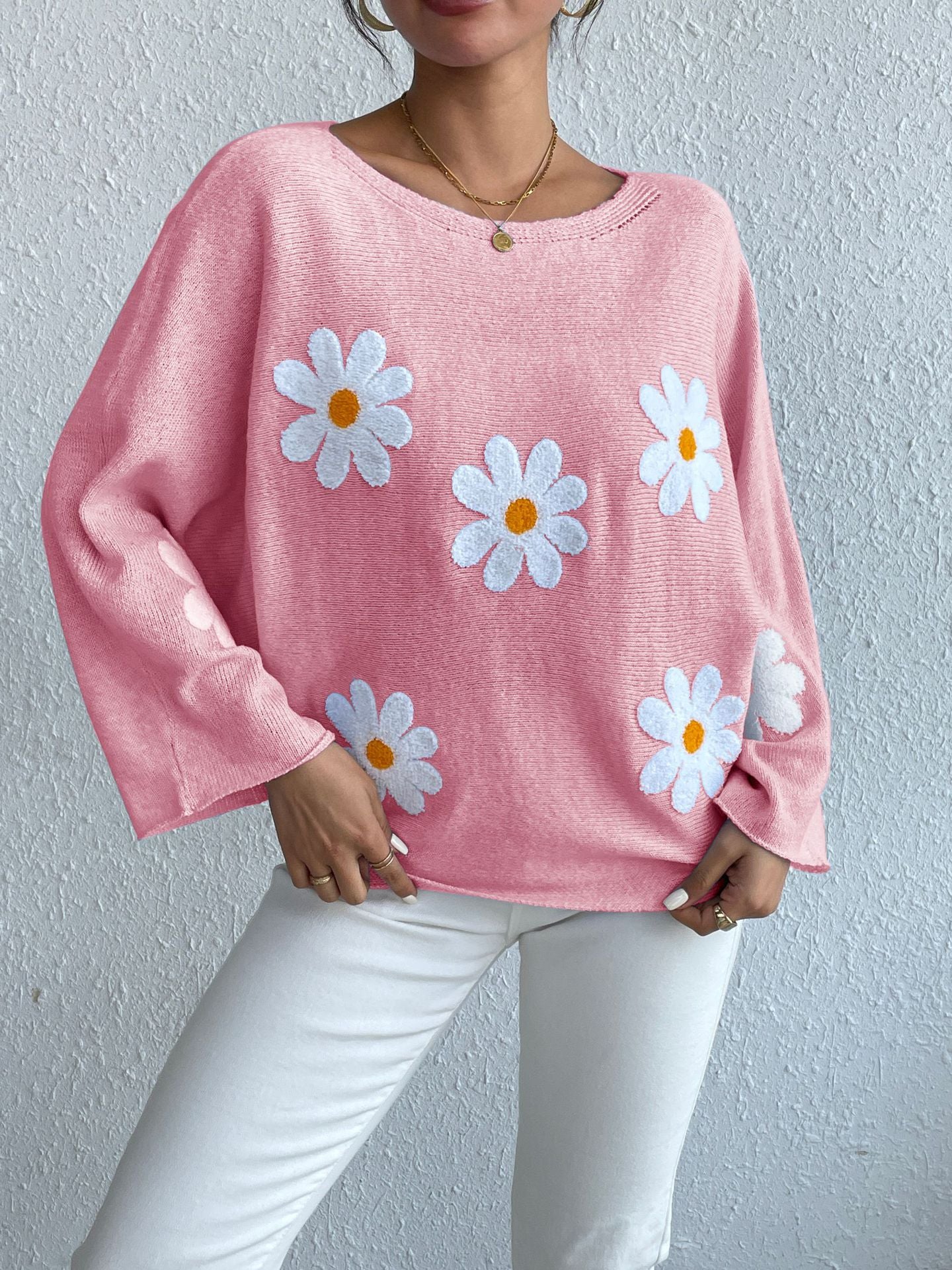 Daisy Dream Oversized Knit Sweater – 3D Floral Embroidery Pullover
