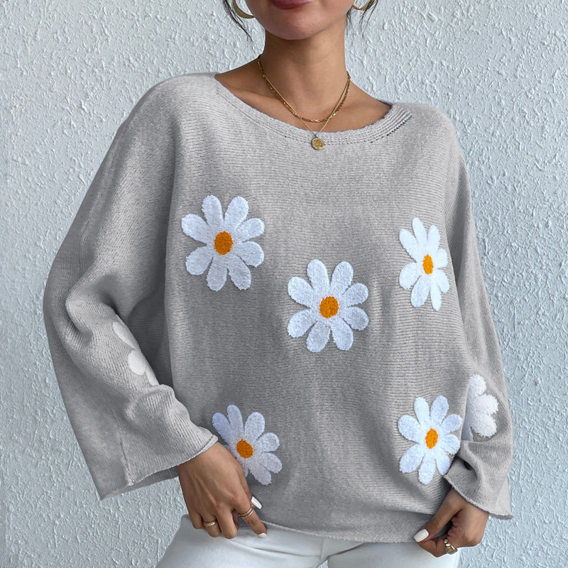 Daisy Dream Oversized Knit Sweater – 3D Floral Embroidery Pullover