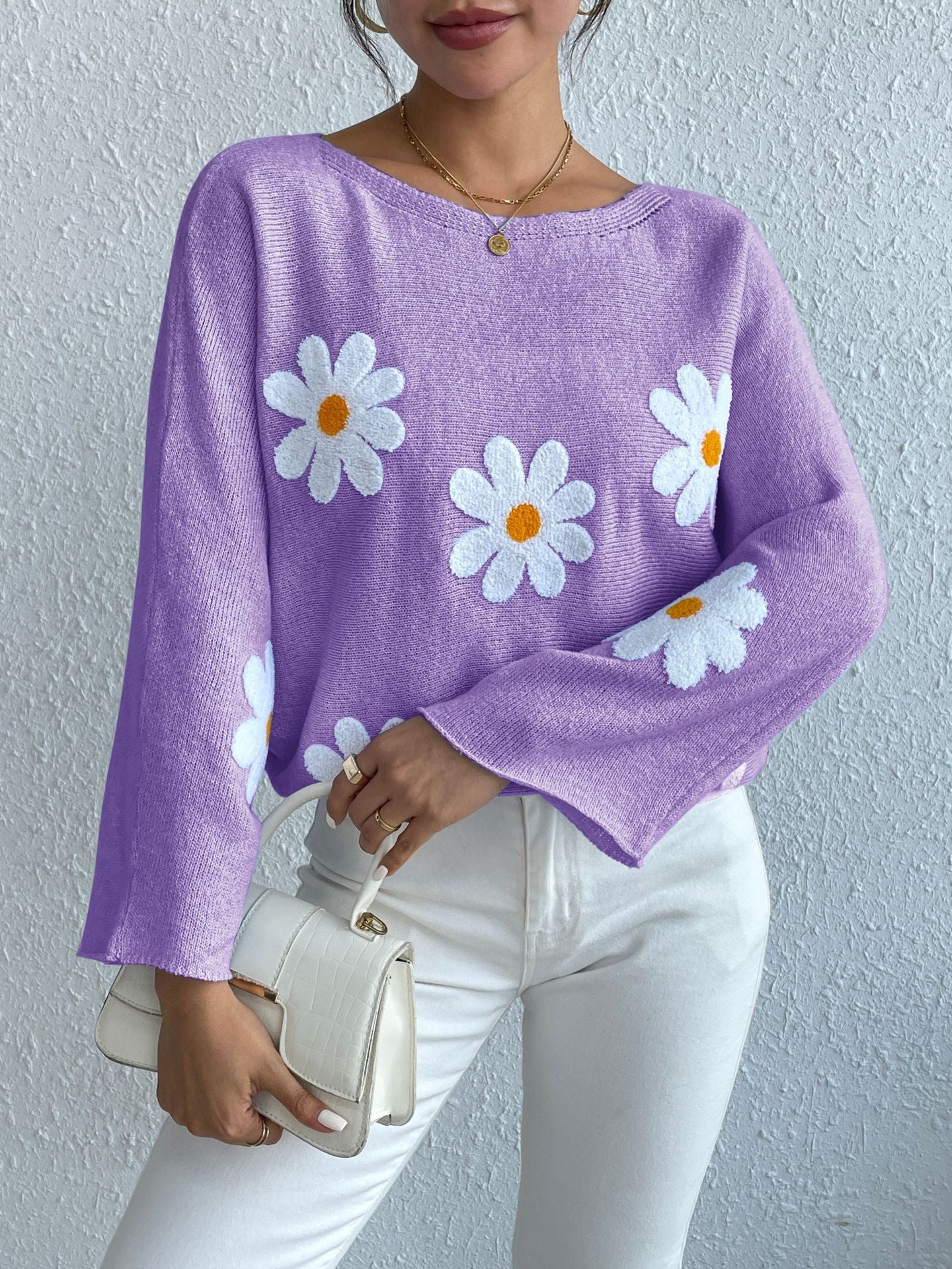 Daisy Dream Oversized Knit Sweater – 3D Floral Embroidery Pullover