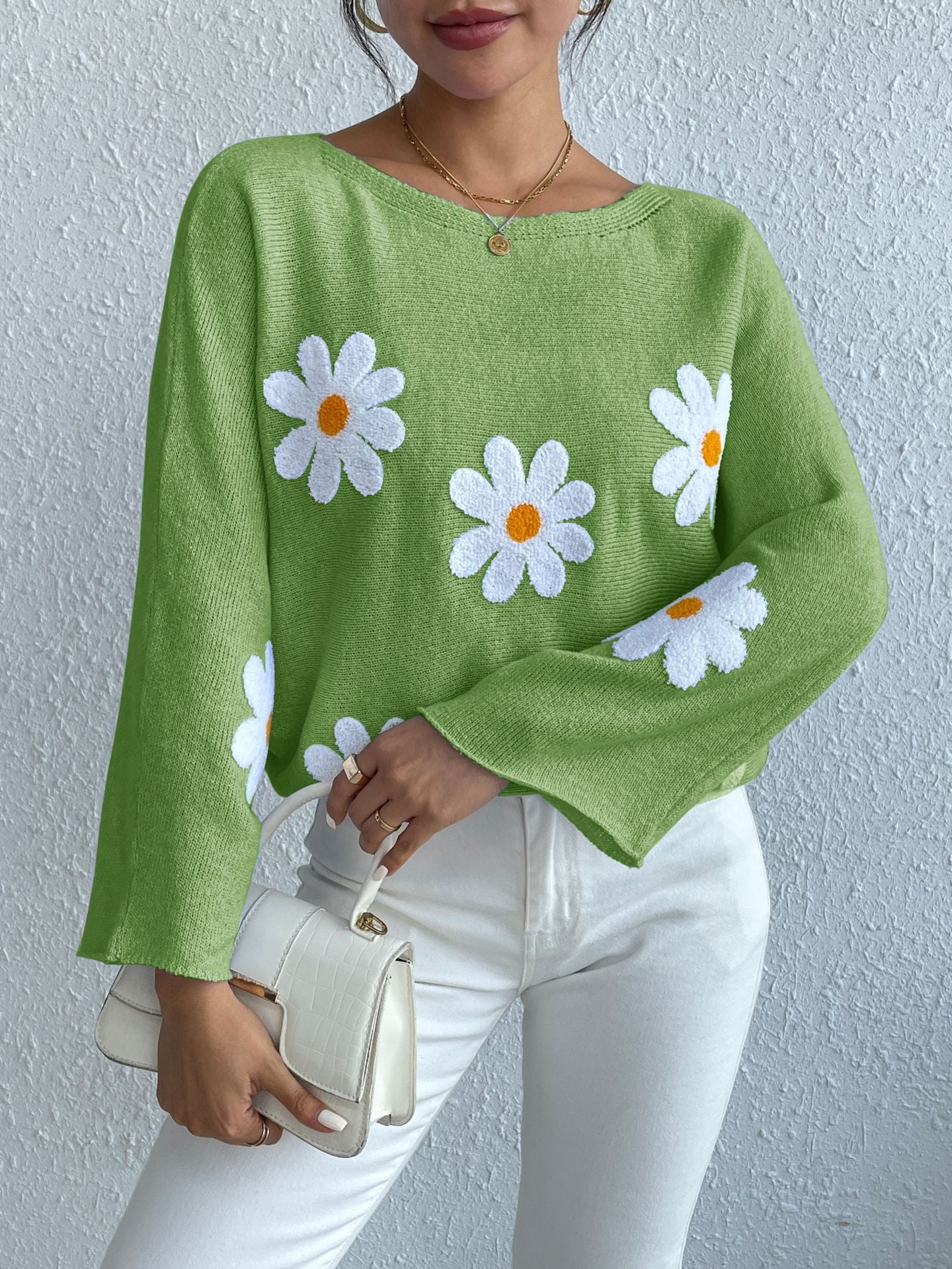 Daisy Dream Oversized Knit Sweater – 3D Floral Embroidery Pullover