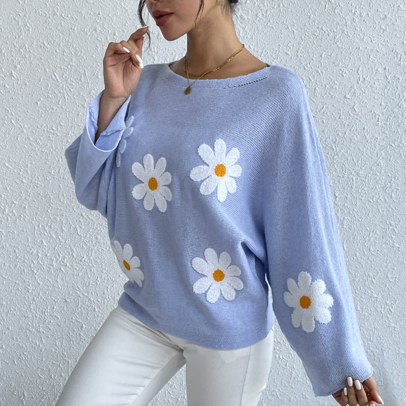 Daisy Dream Oversized Knit Sweater – 3D Floral Embroidery Pullover