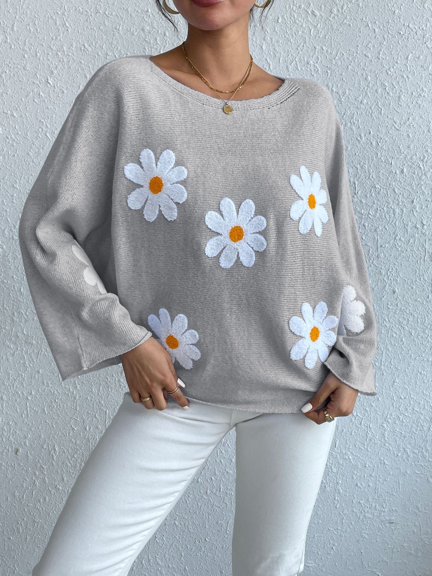Daisy Dream Oversized Knit Sweater – 3D Floral Embroidery Pullover