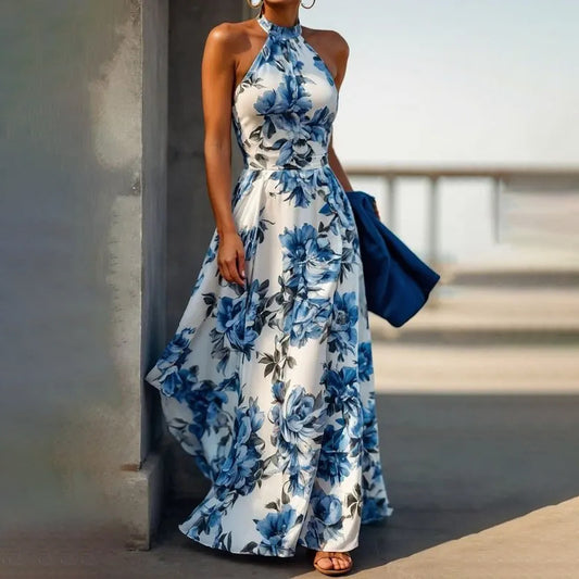 Aurora Blue Floral Print Maxi Dress