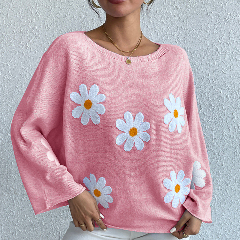 Daisy Dream Oversized Knit Sweater – 3D Floral Embroidery Pullover