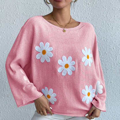 Daisy Dream Oversized Knit Sweater – 3D Floral Embroidery Pullover