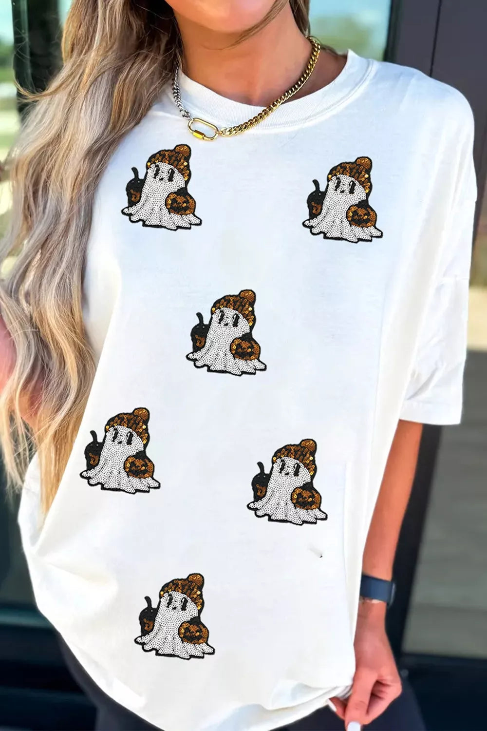 Full Size Halloween Sequin Ghost Print Short Sleeve Casual T-Shirt Plus Size – Mayce Halloween Edit