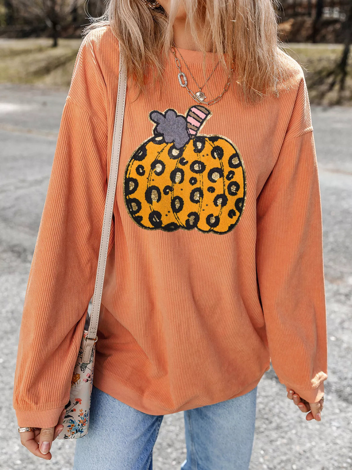Halloween Leopard Pumpkin Patchwork Ribbed Sweatshirt – Mayce Halloween Edit
