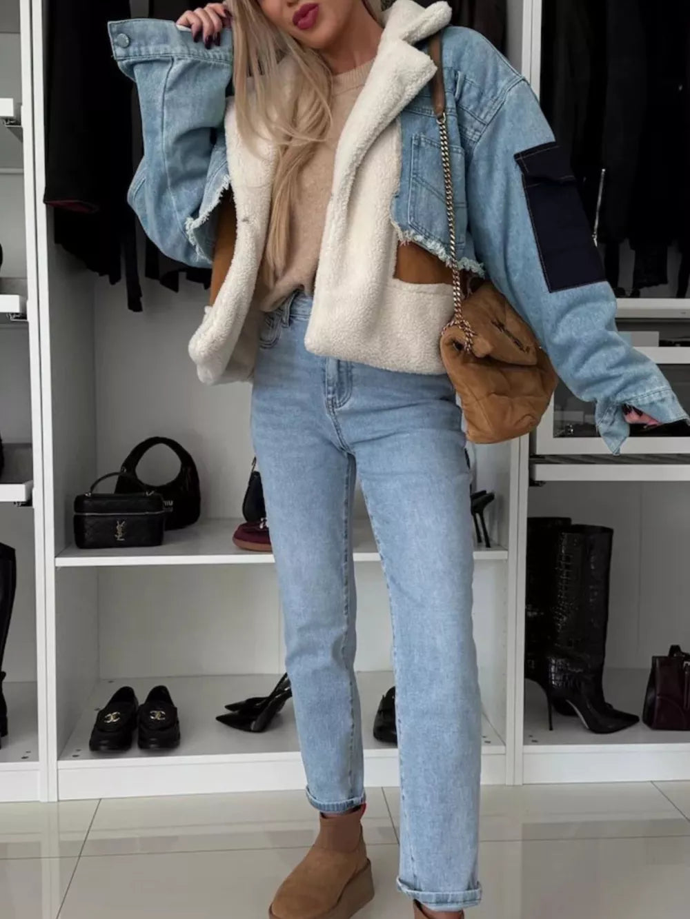 Avery Raw Hem Sherpa-Lined Denim Jacket