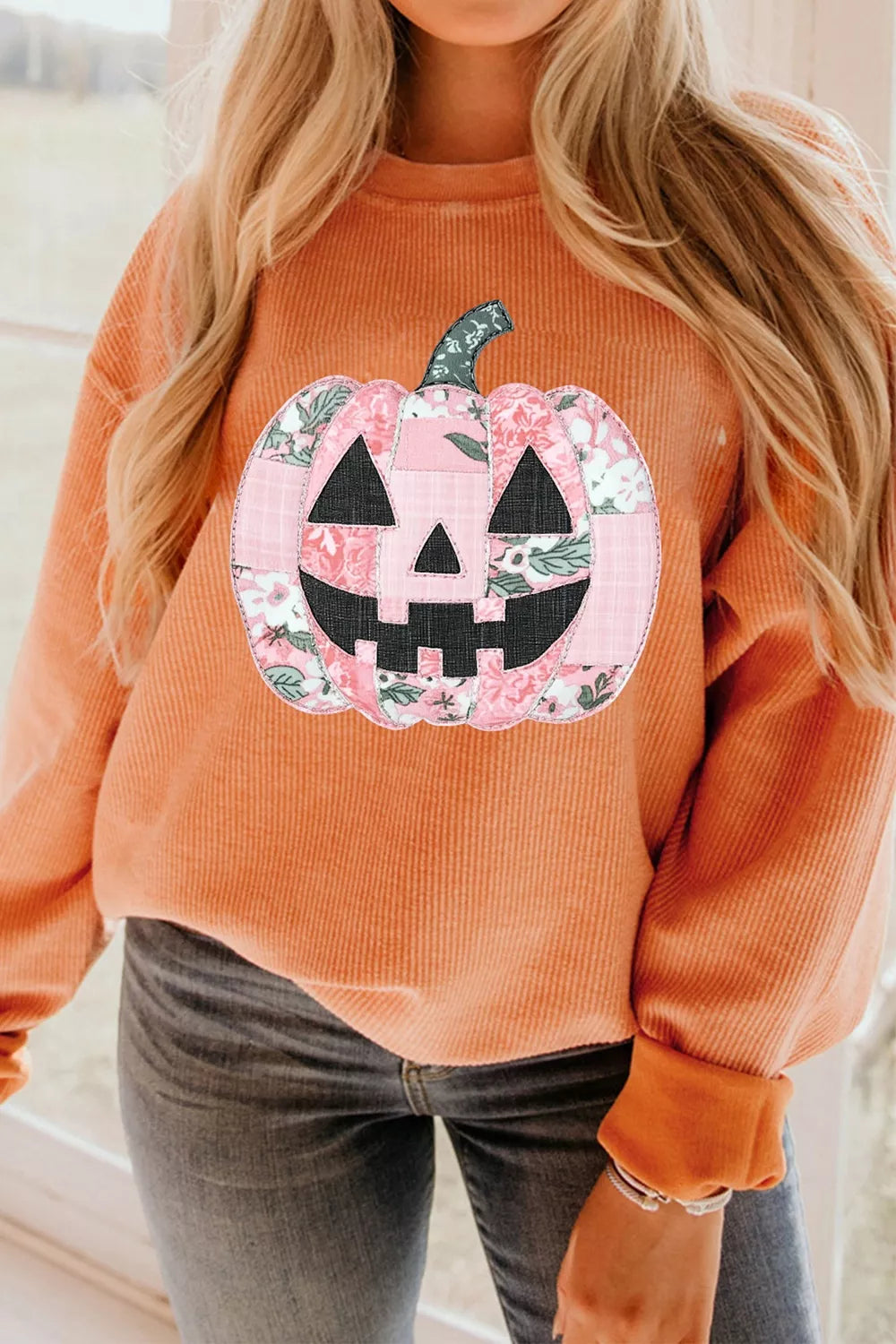 Patchwork Pumpkin Graphic Corded Ribbed Round Neck Tunic Sweatshirt – Mayce Halloween Edit