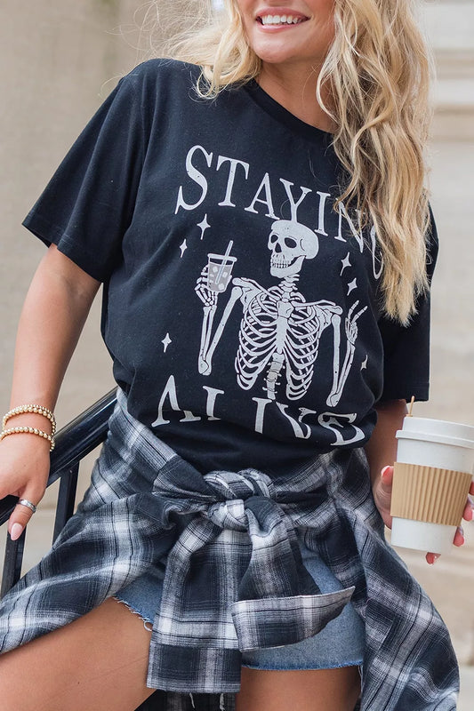 STAYING ALIVE Funny Skeleton Graphic Round Neck T-Shirt – Mayce Halloween Edit