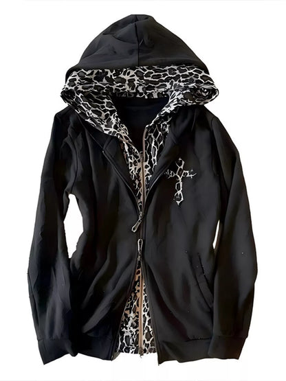 Gothic Cross Leopard Lined Zip-Up Hoodie – Mayce Halloween Edit