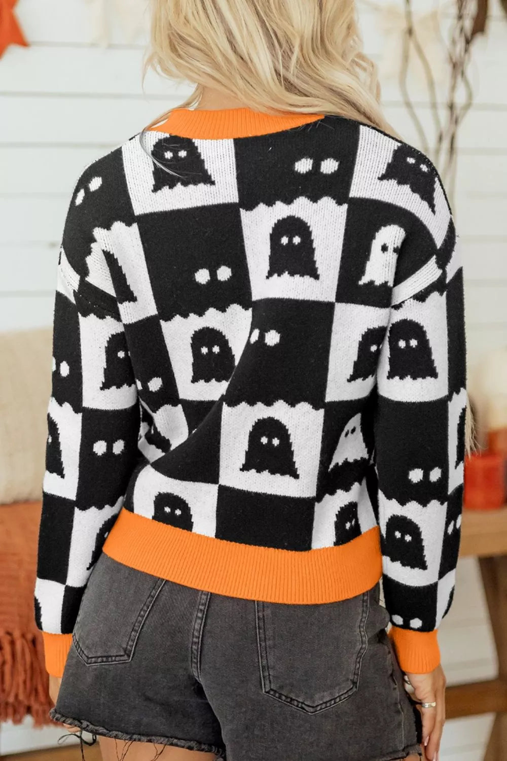 Halloween Ghost Pattern Checkerboard Sweater – Mayce Halloween Edit