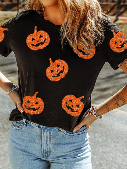Glittering Pumpkin Face Crew-Neck Halloween T-Shirt – Mayce Halloween Edit