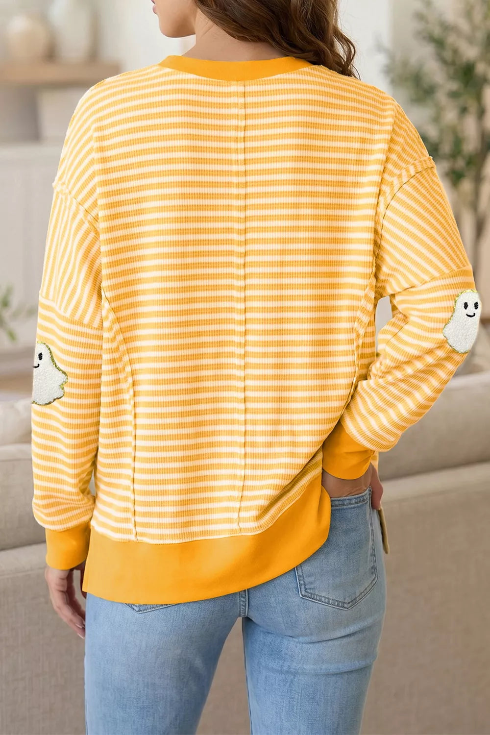 Stripe Halloween Ghost Patch Round Neck Long Sleeve Top – Mayce Halloween Edit