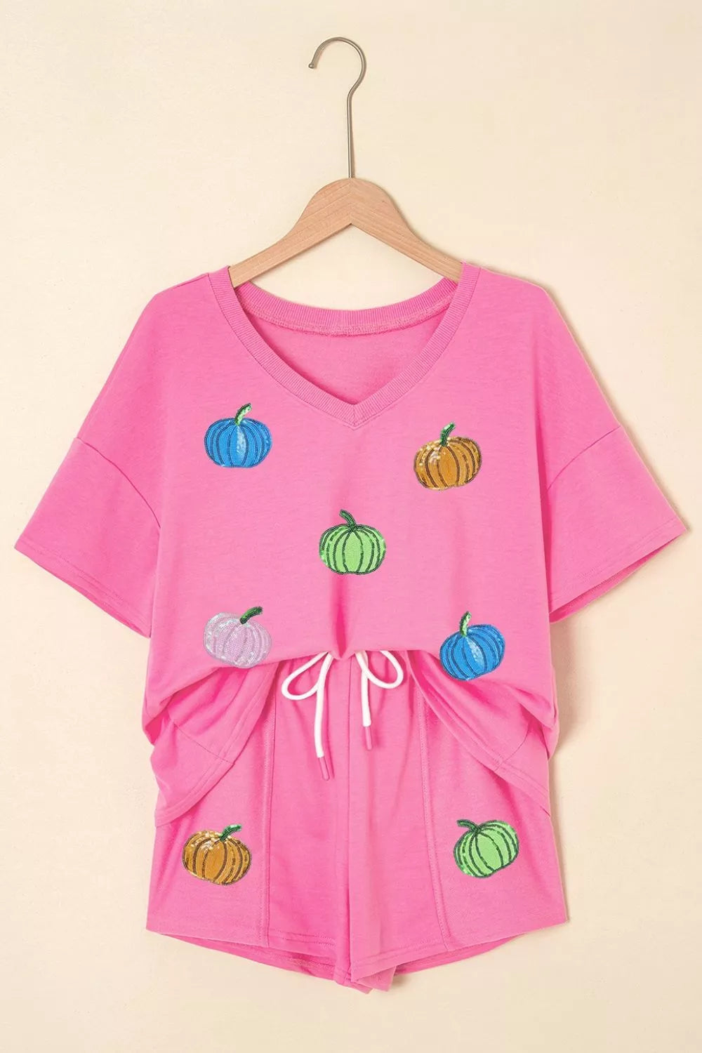 Sequin Halloween Pumpkin Pattern V Neck Tee and Drawstring Bottoms Casual Set – Mayce Halloween Edit