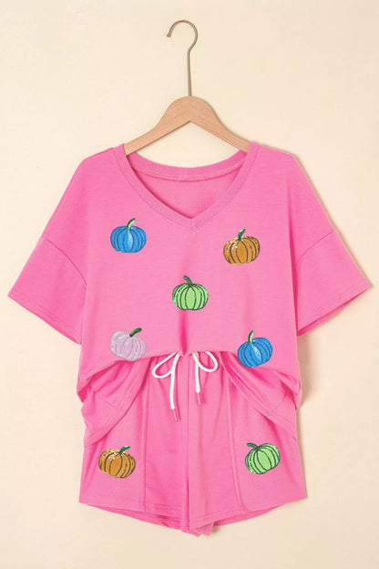 Sequin Halloween Pumpkin Pattern V Neck Tee and Drawstring Bottoms Casual Set – Mayce Halloween Edit