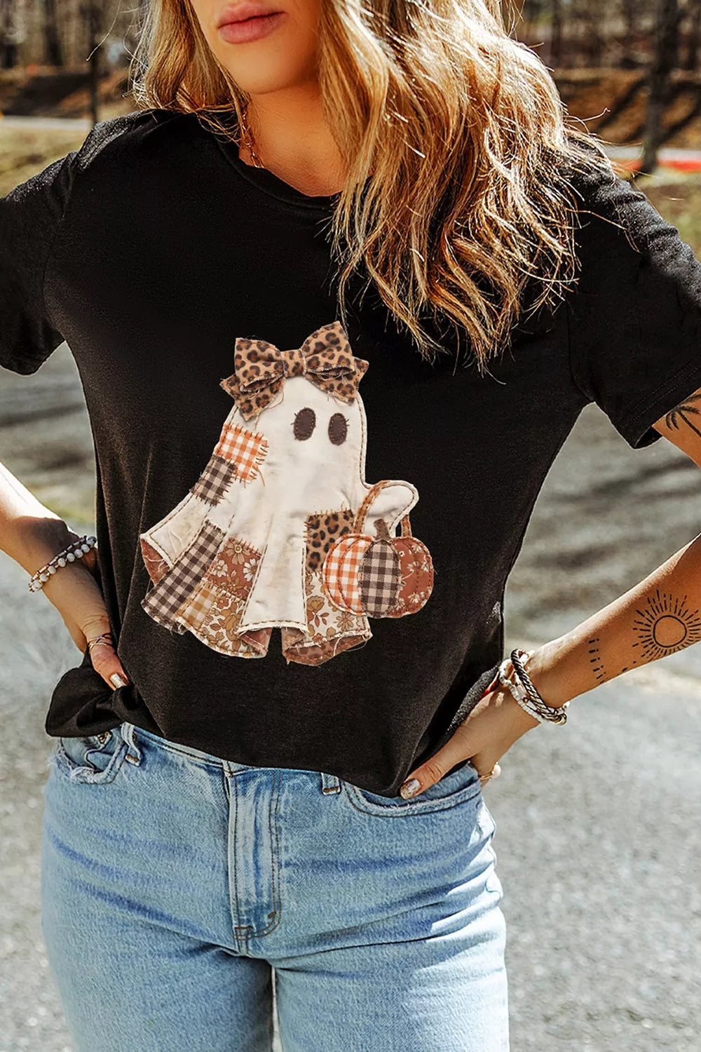 Full Size Halloween Ghost Applique Short Sleeve T-Shirt Plus Size – Mayce Halloween Edit