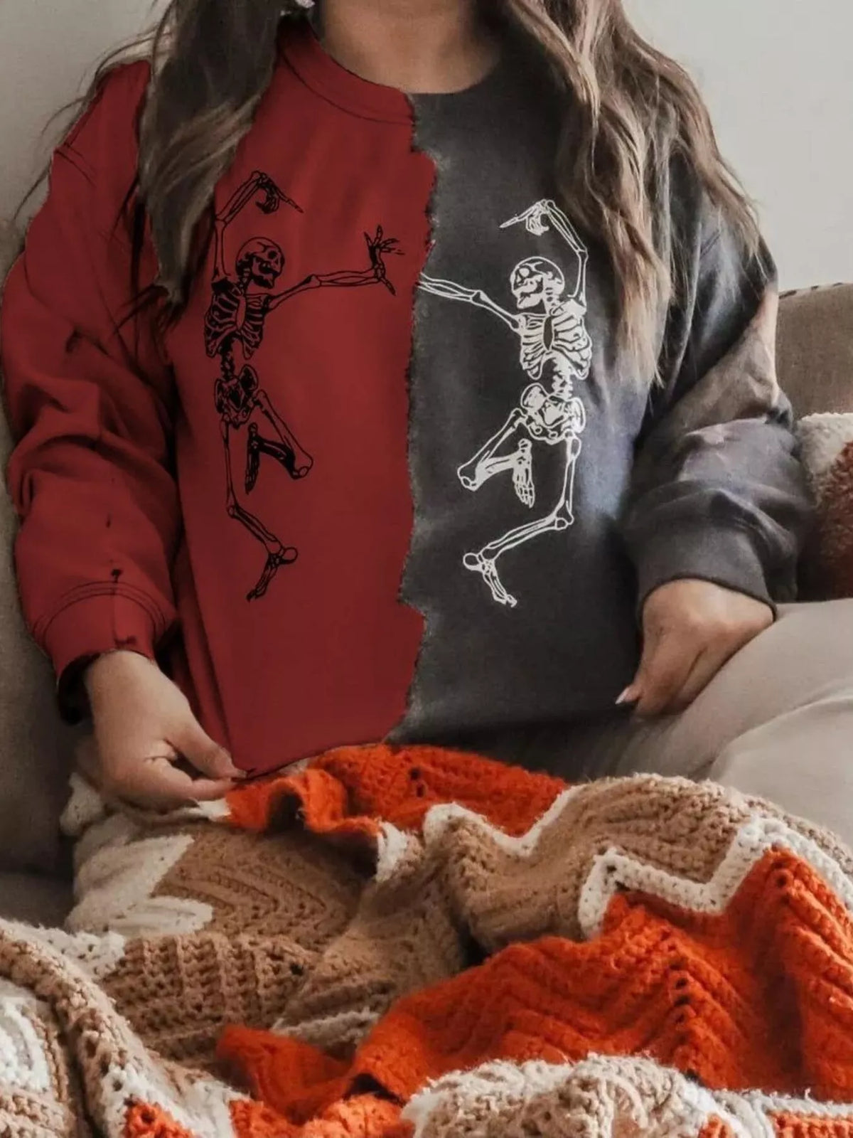 Halloween Skeleton Print Color Block Sweatshirt – Mayce Halloween Edit