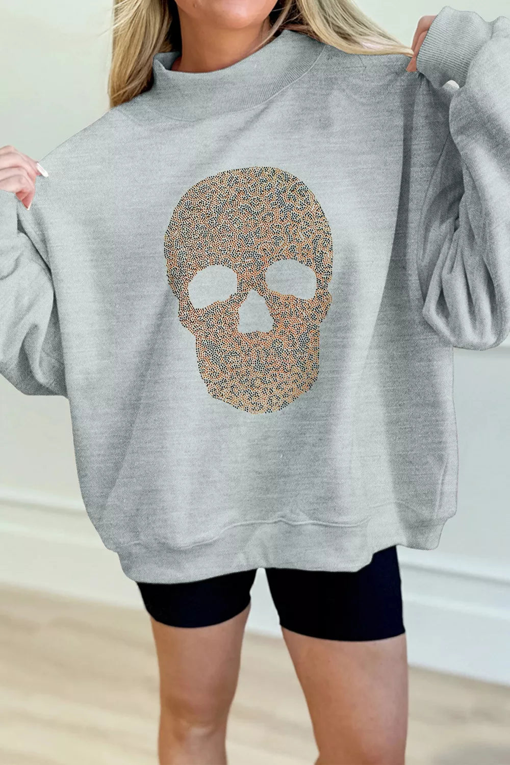 Halloween Rhinestone Skull Graphic Mock Neck Baggy Pullover Sweatshirt – Mayce Halloween Edit