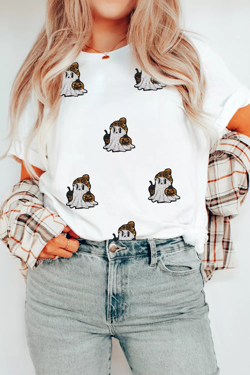Full Size Halloween Sequin Ghost Print Short Sleeve Casual T-Shirt Plus Size – Mayce Halloween Edit