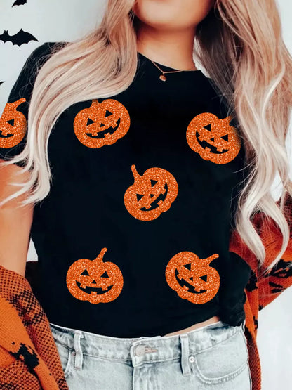 Glittering Pumpkin Face Crew-Neck Halloween T-Shirt – Mayce Halloween Edit