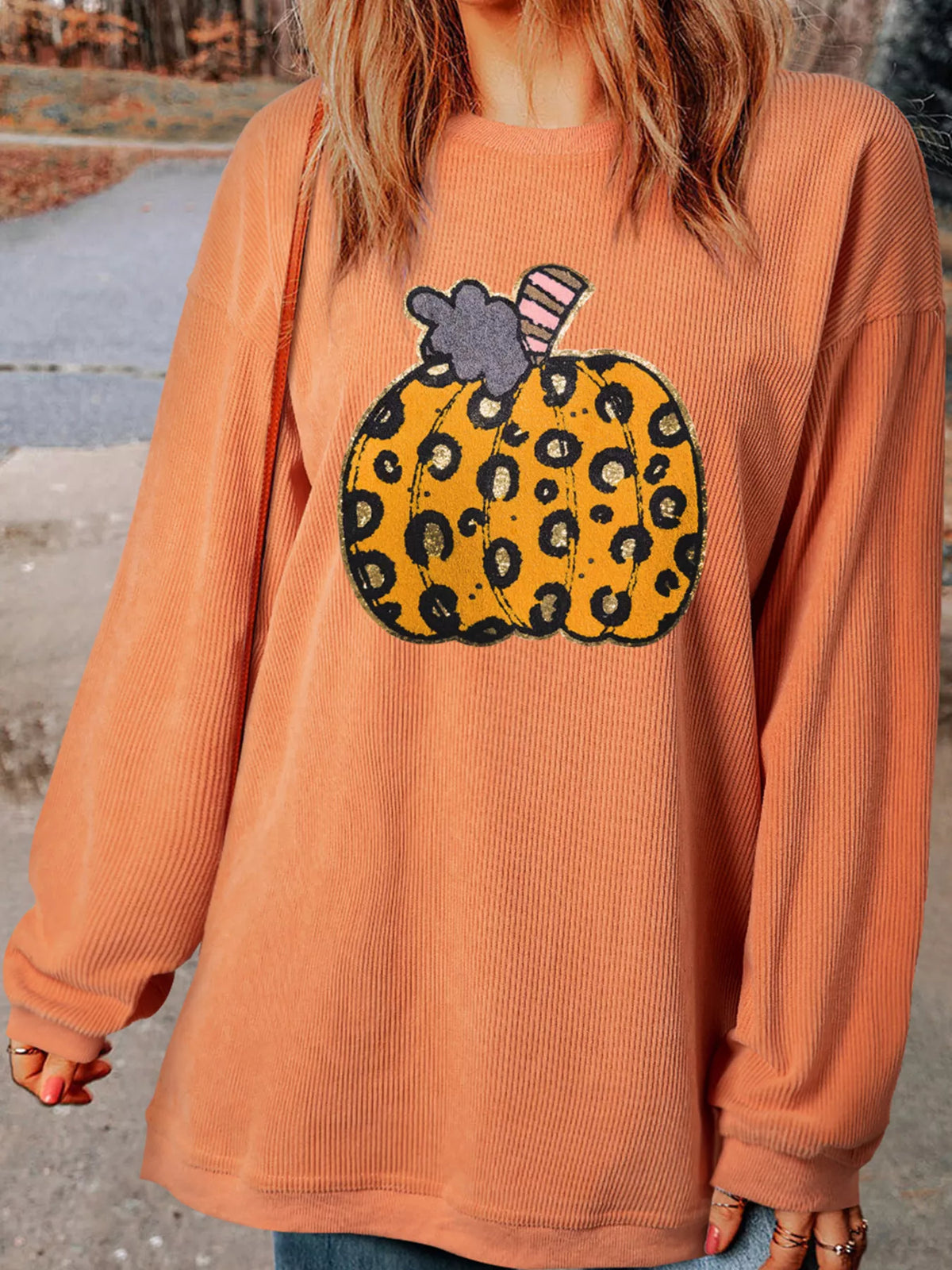 Halloween Leopard Pumpkin Patchwork Ribbed Sweatshirt – Mayce Halloween Edit