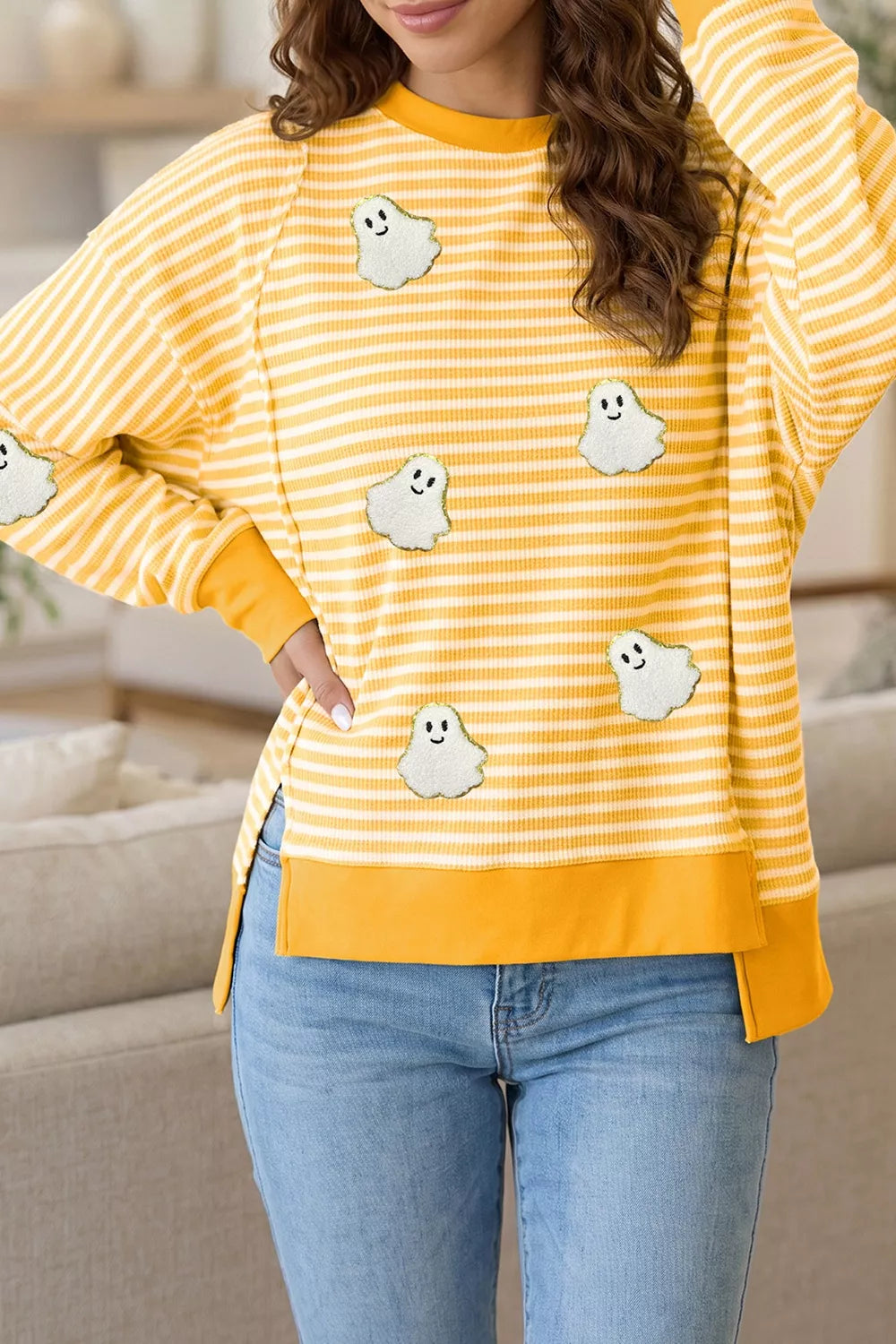 Stripe Halloween Ghost Patch Round Neck Long Sleeve Top – Mayce Halloween Edit