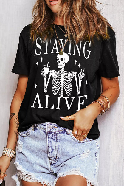 STAYING ALIVE Funny Skeleton Graphic Round Neck T-Shirt – Mayce Halloween Edit