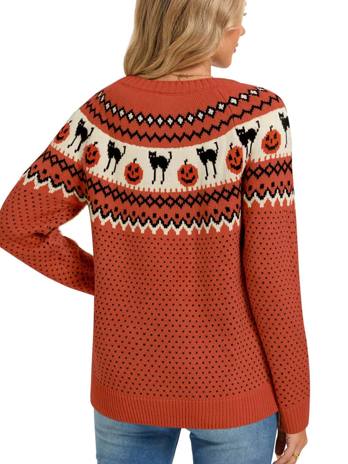 Halloween Pumpkin and Cat Pattern Knit Round Neck Sweater – Mayce Halloween Edit