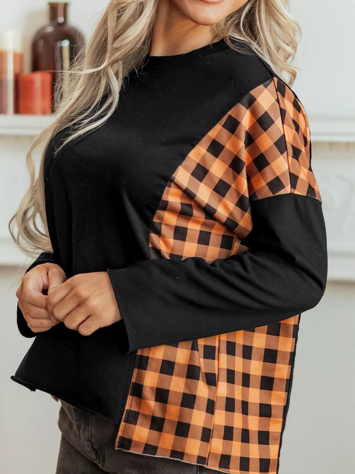 Patchwork Plaid Pumpkin Face Long Sleeve Top – Mayce Halloween Edit