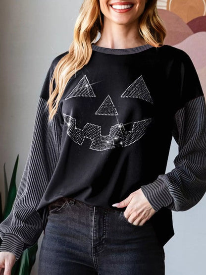 Halloween Rhinestone Pumpkin Face Contrast Ribbed Long Sleeve Patchwork Top – Mayce Halloween Edit