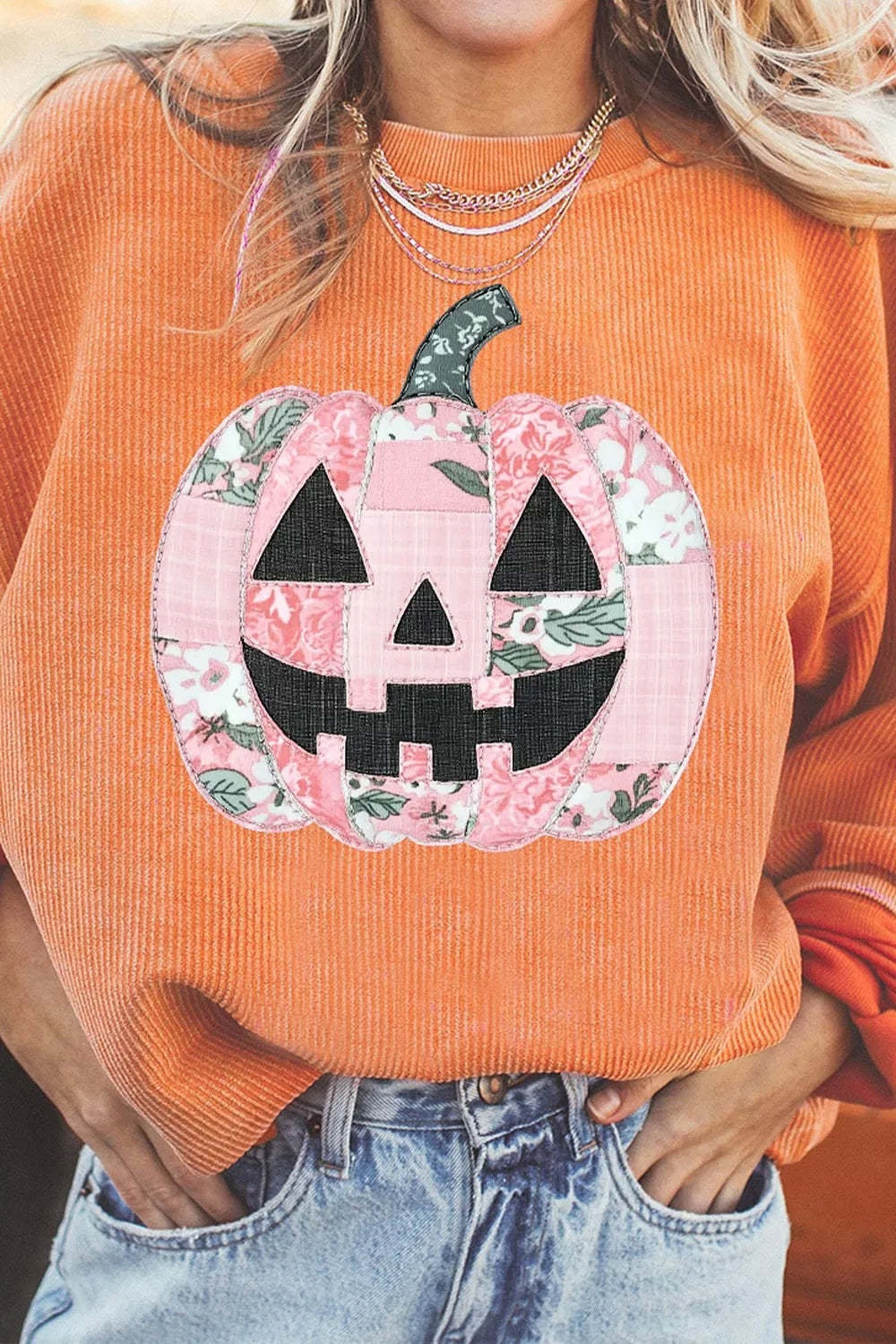 Patchwork Pumpkin Graphic Corded Ribbed Round Neck Tunic Sweatshirt – Mayce Halloween Edit