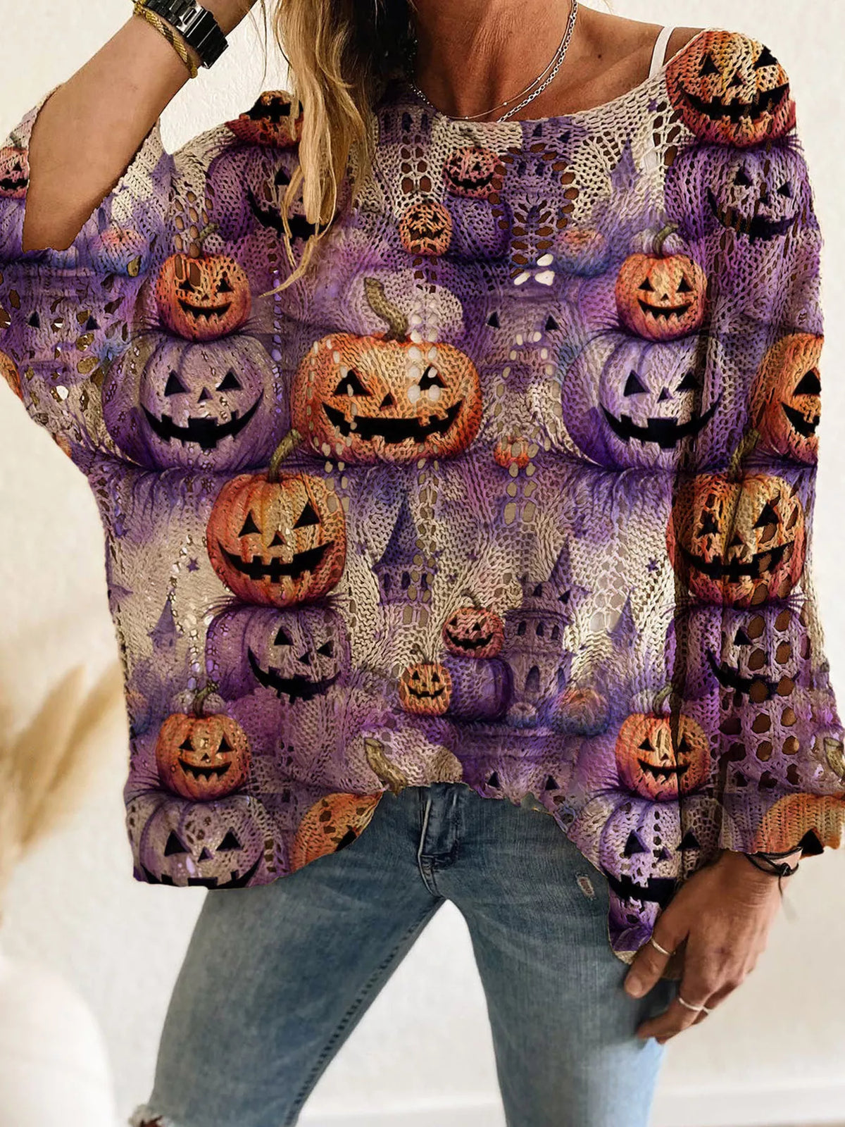 Full Size Halloween Pumpkin Loose Knit Cover Up Plus Size – Mayce Halloween Edit