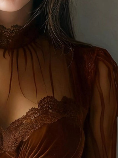 Lace Trim Velvet Sheer Sleeve Blouse – Mayce Halloween Edit