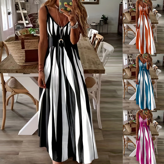 Striped Elegance Maxi Elbise